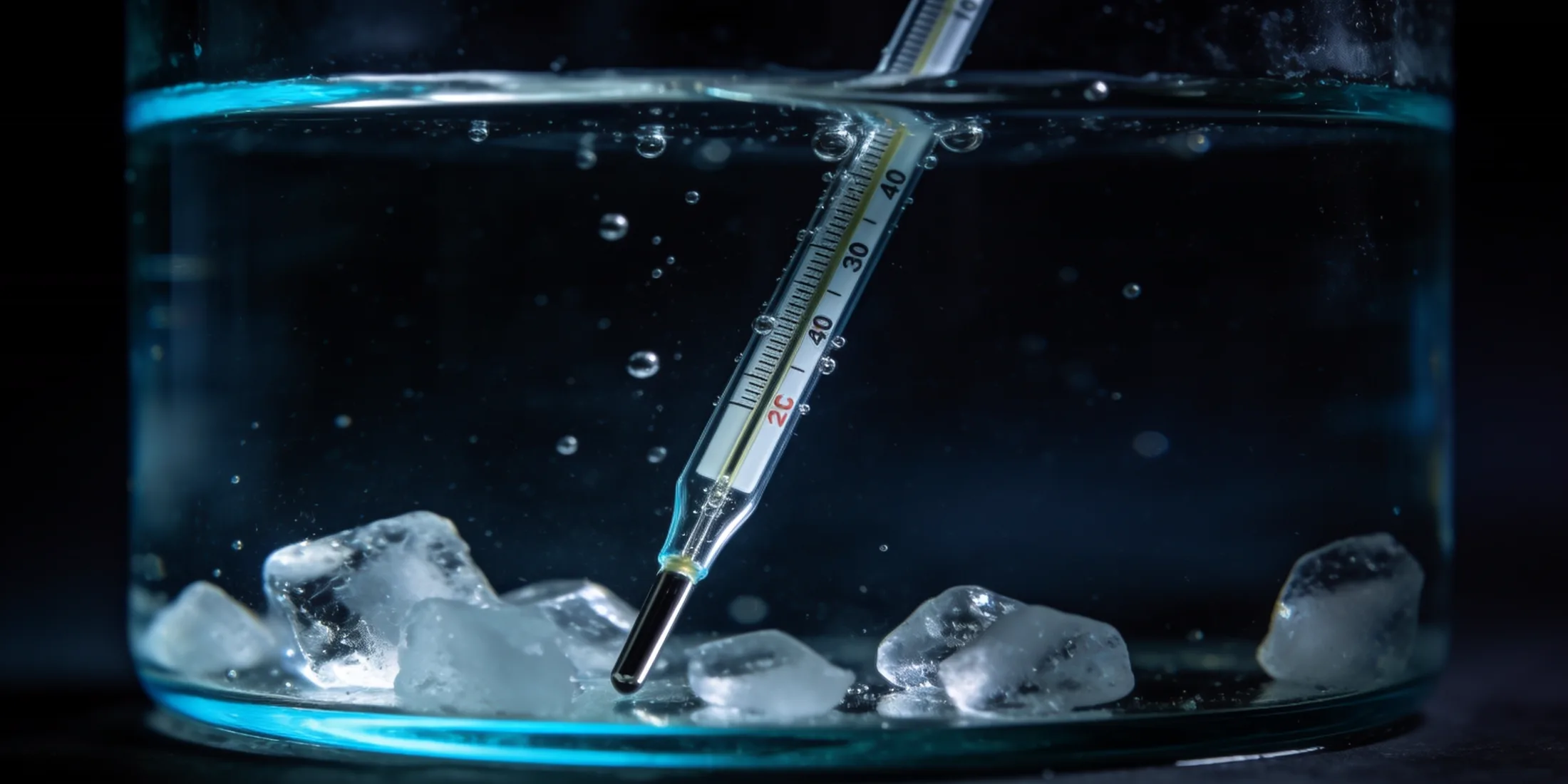 Termómetro de laboratorio sumergido en agua helada, midiendo la temperatura de un protocolo de exposición al frío